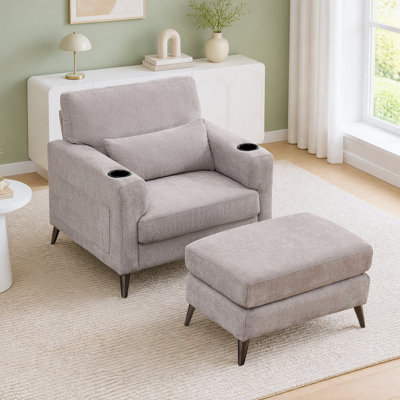 Canapé simple avec repose-pieds, chaise longue confortable | Chaise d'appoint avec coussin épais, porte-gobelets, poches latérales et pieds en métal, fauteuil en chenille moderne pour le salon, la chambre à coucher