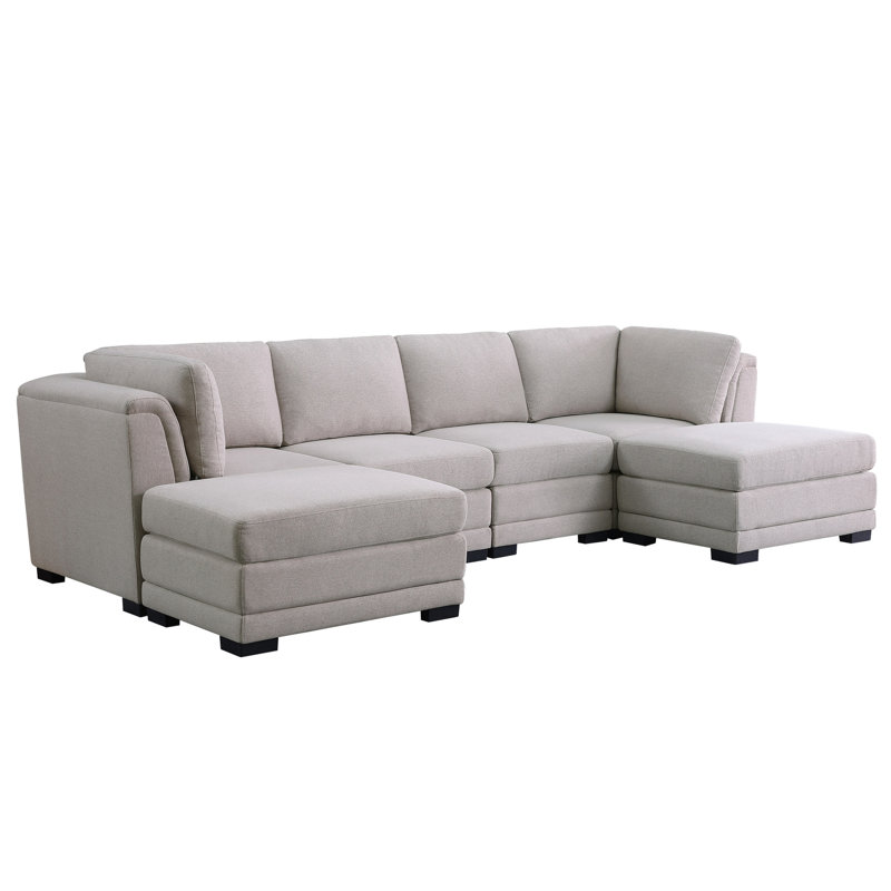 Canapé modulaire en lin gris pour détente de 121,5 po avec 2 repose-pieds