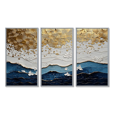 Blue Waves Heights Golden Coastal III - ensemble d'impression d'art mural côtier