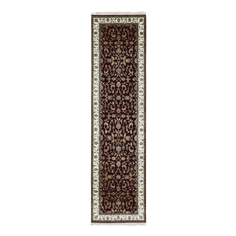 Tapis de couloir rouge bourgogne 2 pi 7 po x 10 pi, épais et moelleux, en laine et en soie, noué à la main, Rajasthan, tapis oriental 77E5CFCA3F8C427AAFAB37A603F93597