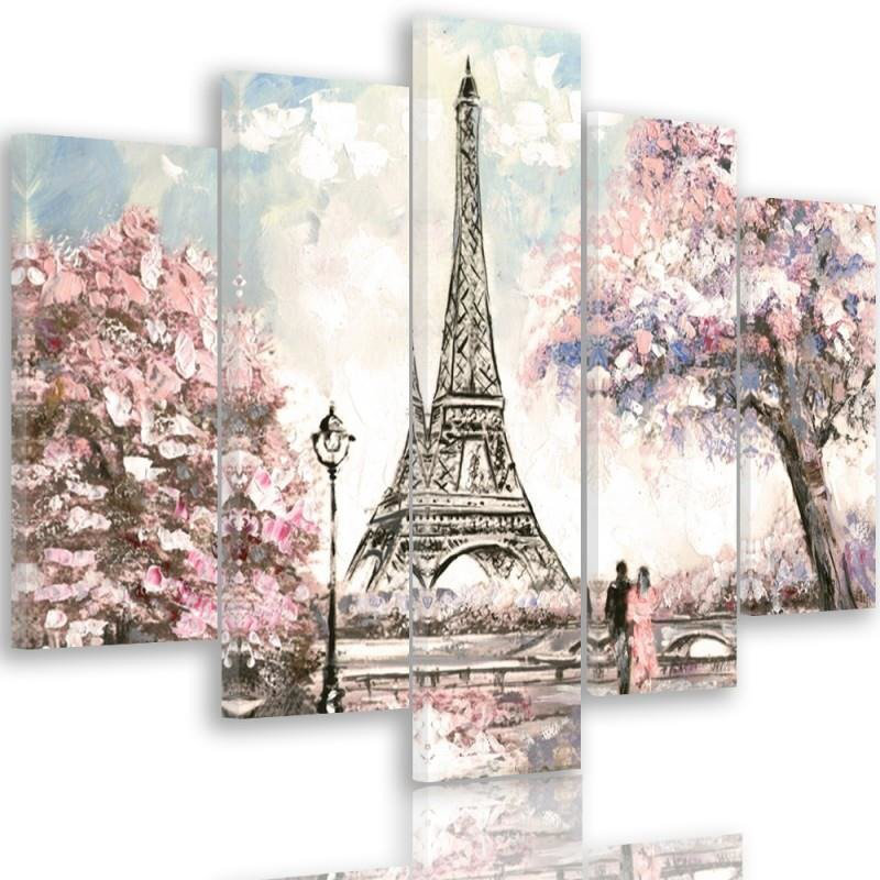 Parisian Eiffel Tower - 5 Piece No Frame Print on Canvas, 70cm H x 100cm W