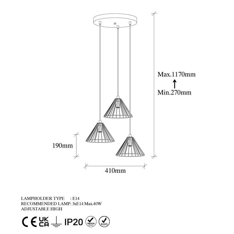 Luminaire suspendu conique à 3 lumières
