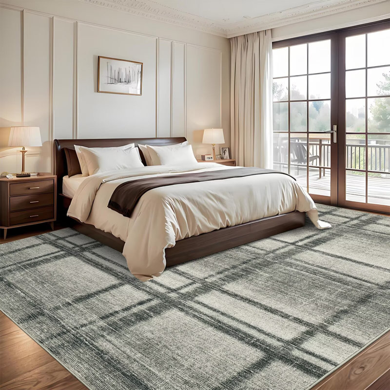Plaid Machine Washable Modern Rugs for Living Room Soft Thin Non-Shedding Geometric Floor Cover with Non-Slip Backing Contemporary Carpets