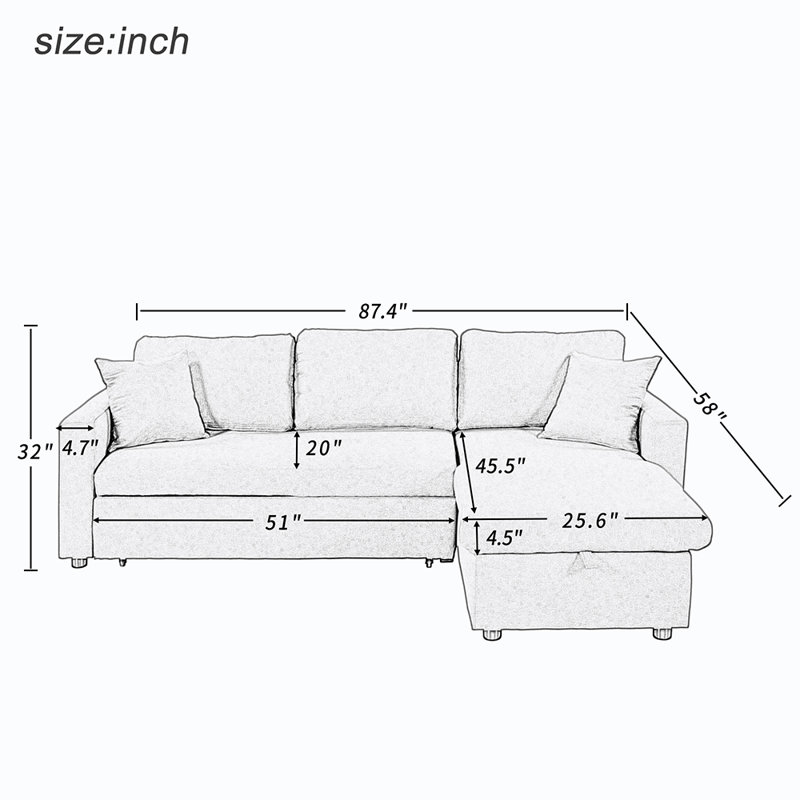 Modern Sleeper Sectional Sofa with Storage Space, Grey Fabric