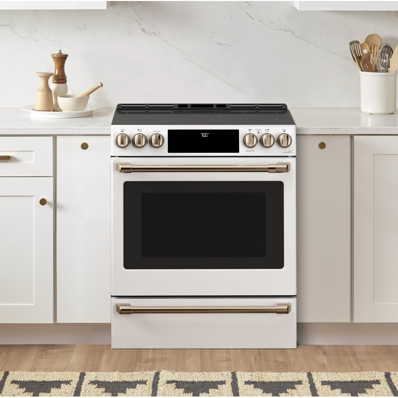Café Kitchen Suite 30" 5.7 cu. ft. Smart Slide-in Electric Range with Convection Oven, Matte White/Brushed Bronze