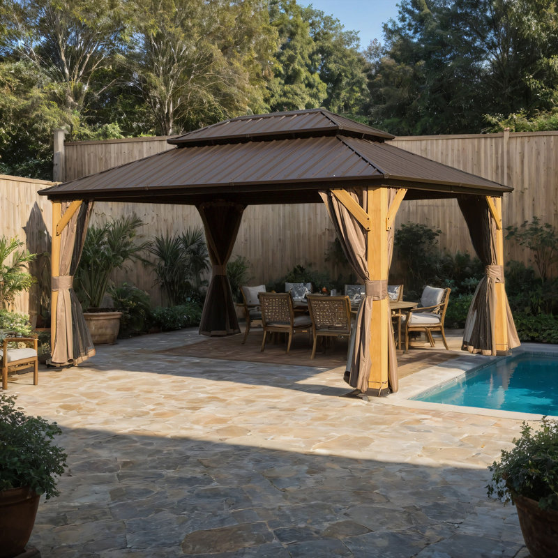 12Ft. W x 20Ft. D Outdoor Patio Steel Hardtop Gazebo,Cedar Framed Wooden Gazebo With Curtains And Netting, 10Ft. W x 14Ft. D