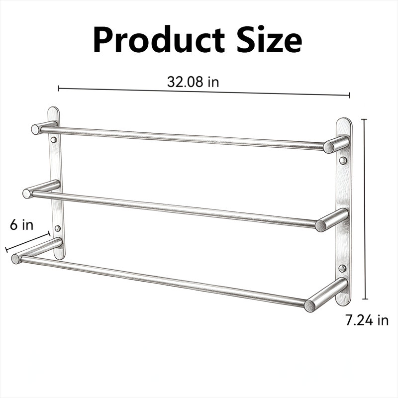 24 " Stainless Steel Wall Mounted Towel Rack, 7.24" H x 32" L x 6" D, Brushed