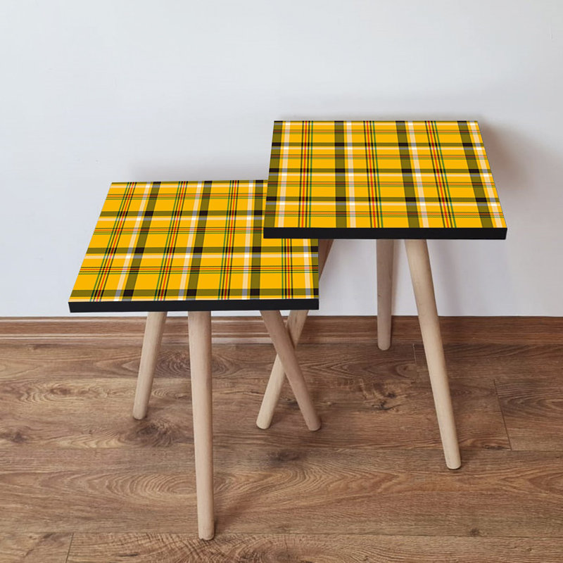 Modern Nesting Table Set (2 Pieces), Mustard & Red, Green & Black, 13.8 x 18.5 x 13.8 inches | 100% MDF with Beech Wood Legs, Thickness: 0.7 inches | Stylish Chequered Design for Contemporary Living Spaces