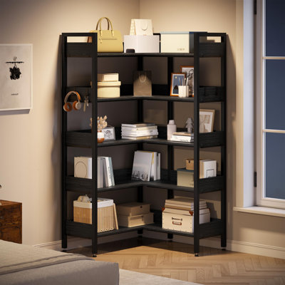 Bibliothèque de coin industrielle à 5 niveaux avec structure en métal robuste et fonction convertible et 4 crochets, conçue pour durer dans le salon, la chambre à coucher et le bureau personnel