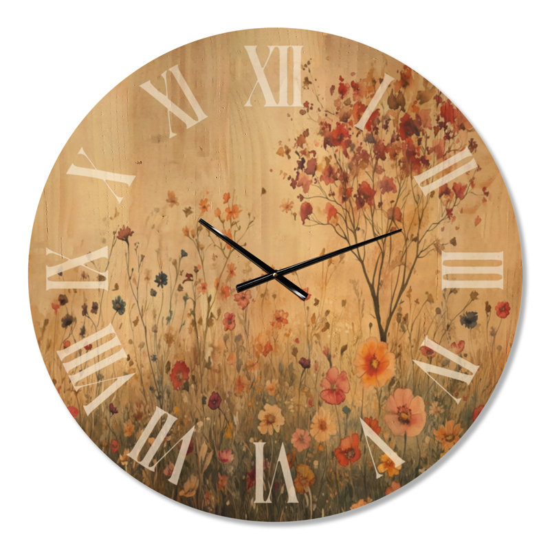 Horloge murale surdimensionnée en bois floral - Horizon pré des fleurs sauvages, Surdimensionné