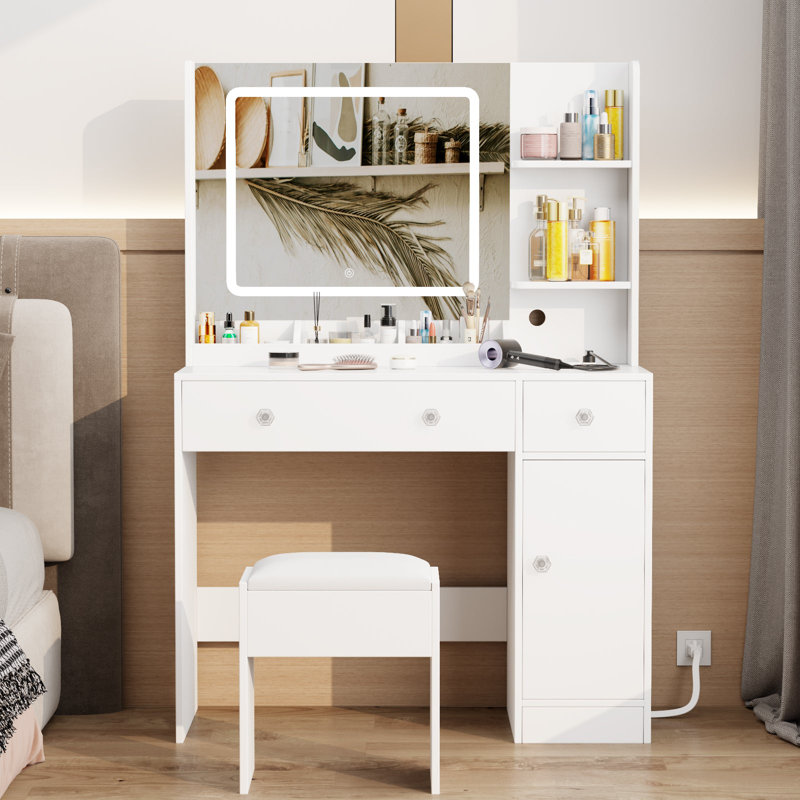 Makeup Vanity Dressing Table with Lighted Mirror & Power Outlet Charging Station, 3-Color Lighting, Drawers & Storage Cabinet