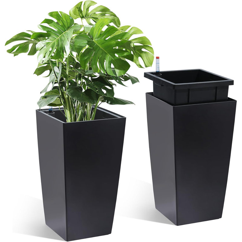 16" Self-Watering Planter Set with Water Level Indicator, Indoor & Outdoor Plastic Flower Pots with Reservoir, Modern Decorative Plant Containers (Set of 2)