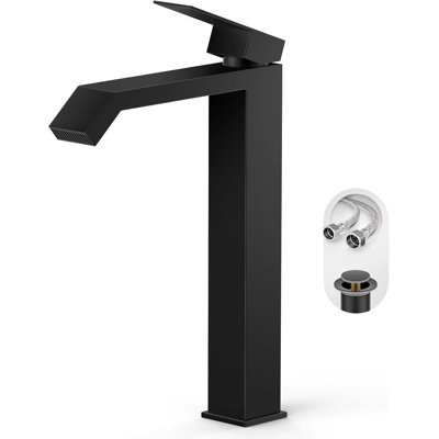 Robinet de lavabo vasque de salle de bain haut à poignée simple, robinet de salle de bain carré noir mat à un trou au-dessus du comptoir avec drain escamotable en métal sans trop-plein et conduite d'alimentation en eau