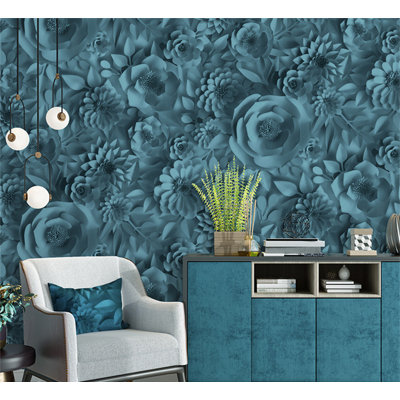 Papier peint floral rose bleue - Grandes fleurs de campagne pour le salon et la chambre à coucher