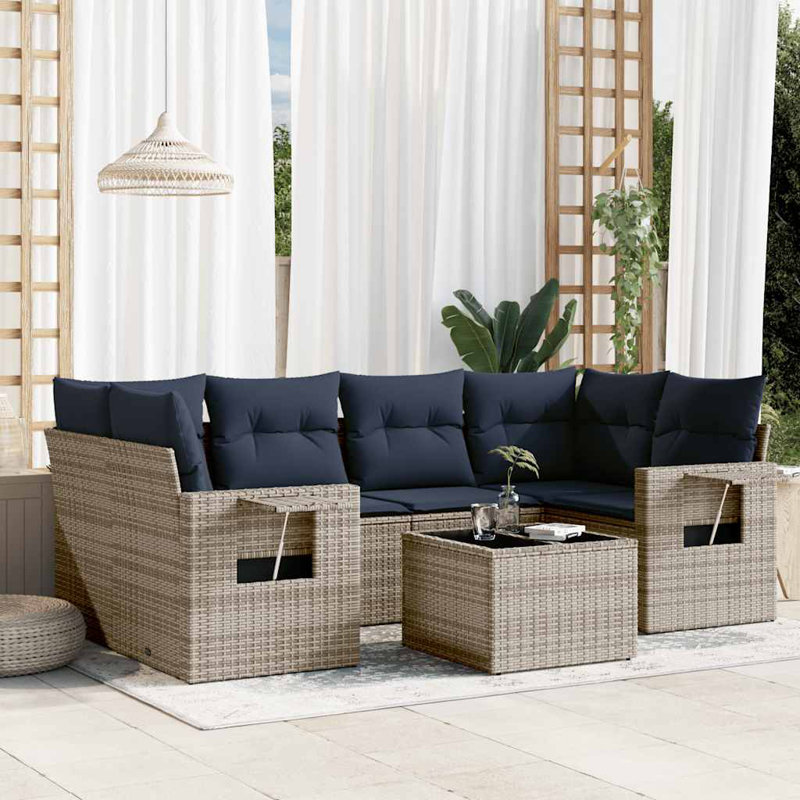 Ensemble de canapé de patio 7 pièces avec coussins en rotin de polyester, Gris, Marine