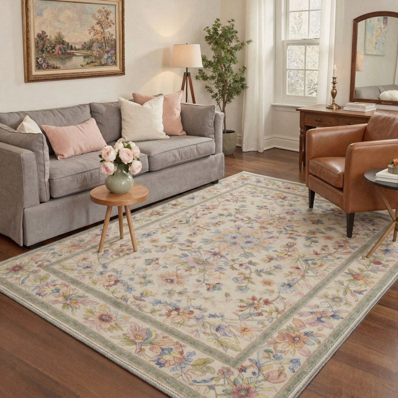 Allsop Aura Floral Machine Washable Blue / Pink / Green / Beige Indoor Area Rug with Non-Slip Backing, Rectangle 9' x 12'