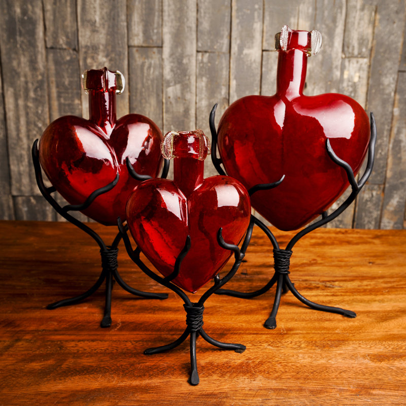 Anjalie Handmade Glass Decorative Bottle, 8" H x 5" W x 3" D, Red