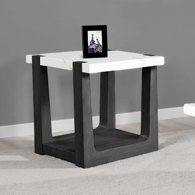 Table de bout 1 pièce, plateau en faux marbre à deux tons, finition noire et blanche, salon principal