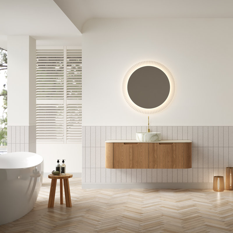 Dina 48" Bathroom Vanity&Sink, Floating Curved Edges Striped Cabinet With 2 Drawers, Round Ceramic Basin With Stone Pattern&Travertine-Pattern Sintered Stone Top, Pre-Assembled, Natura Woodgrain Color