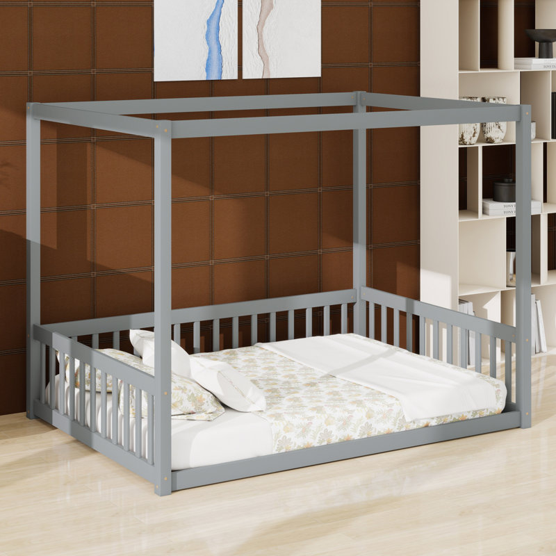 Canopy Frame Floor Bed Featuring Safety Fence And Guardrails, Gray