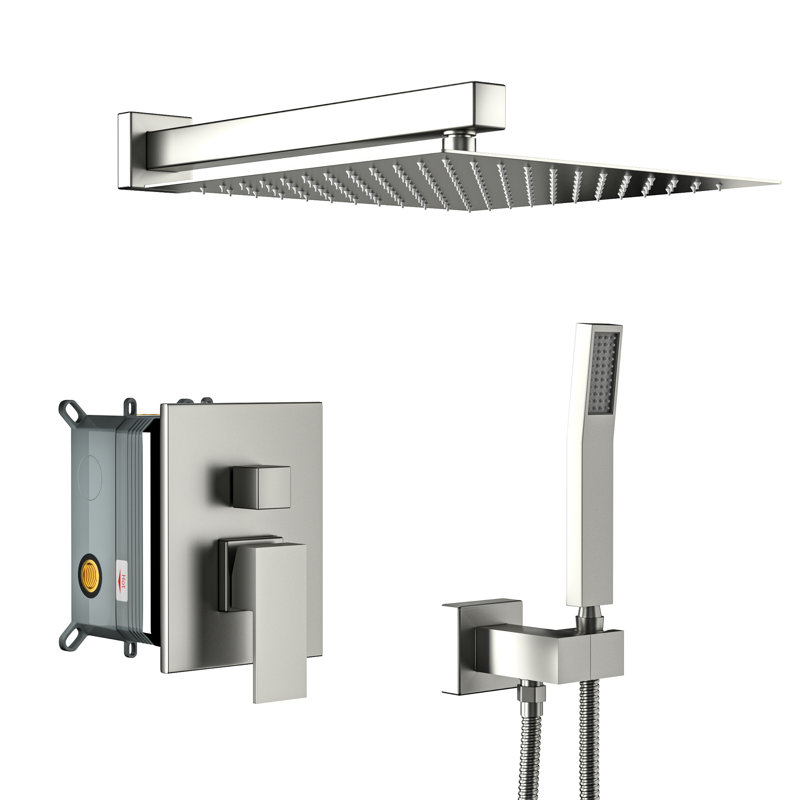 Brushed Nickel 12 Inch Wall Mounted Dual Shower System, Balanced Valve, Rainfall And Handheld, 360° Adjustable Spray Pattern For Personalized Showers Square System With Finish, Rough - In Handheld