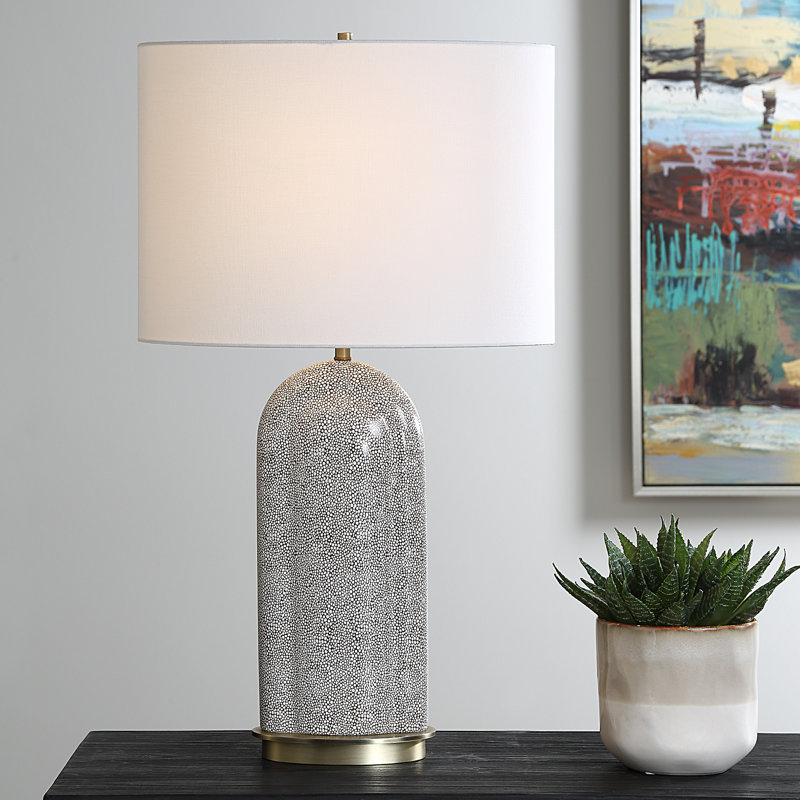 White Linen and Porcelain Table Lamp with Brass Accents