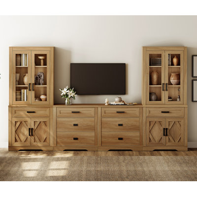 4-In-1 Farmhouse TV Stand For Tvs Up To 70 Inch, Extra Large Entertainment Center With Tall Bookcases, 8 Drawers & Barn Door Cabinets, Media Console Table For Living Room, Bedroom, Walnut