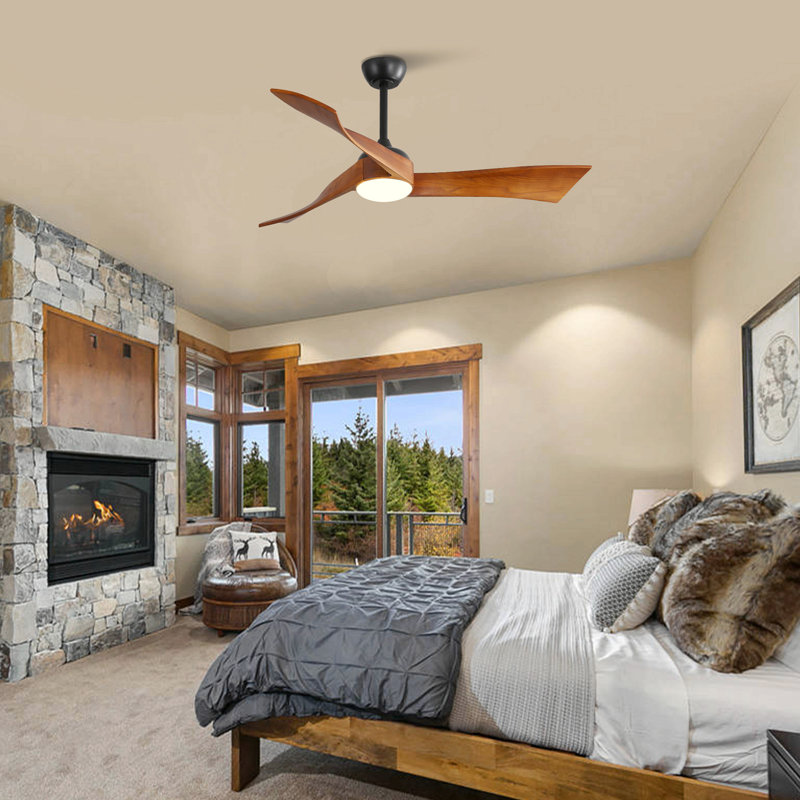 52 Inch Ceiling Fan With Dimmable 3 Colour Led Light 3 Solid Wood Blades Remote Control Reversible Dc Motor For Home, Black