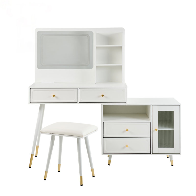 Modern Makeup Vanity Desk With Adjustable LED Lights, Built-In Power Outlet, And Retractable Dressing Table, Compact And Stylish For Bedroom Use
