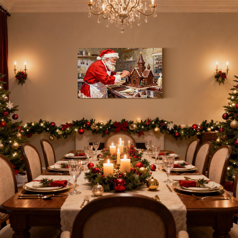 Ensemble de 3 reproductions d'art sur toile, "Christmas Santa Crafting Gingerbread House In Kitchen", H 20 po x l 30 po