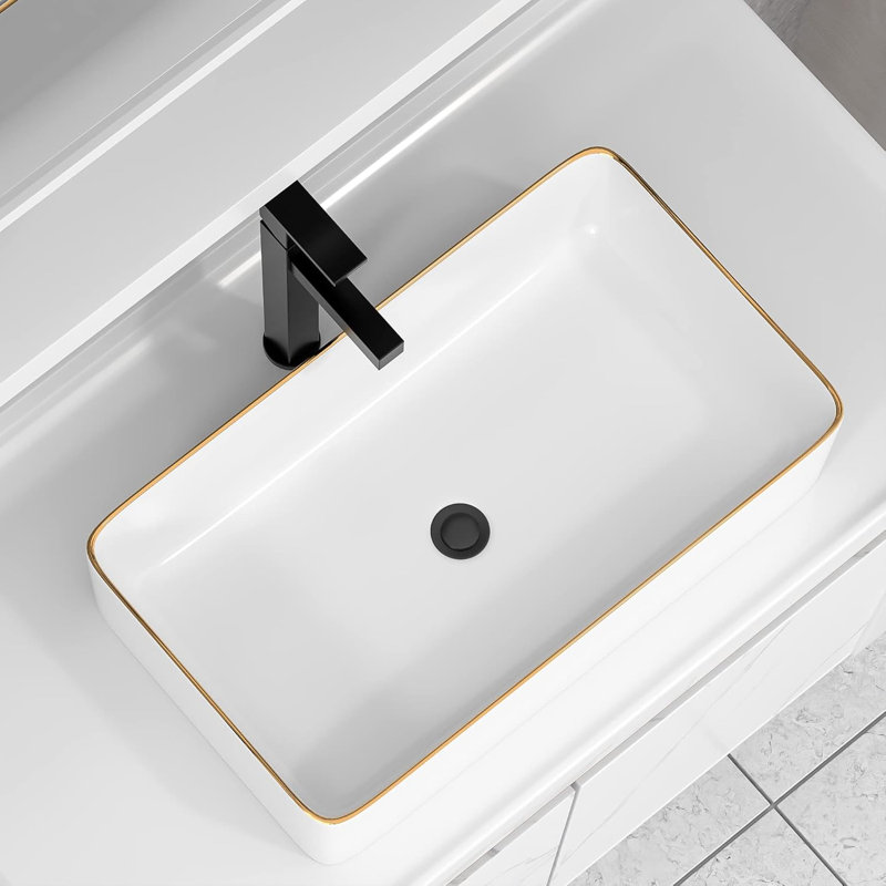 Lavabo vasque rectangulaire pour salle de bain avec rebord doré Fulorni - Lavabo de comptoir moderne