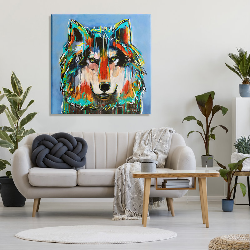 «Bold Wolf» dégoulinant de peinture saturée de style graffiti sur toile tendue surdimensionnée par Karrie Evenson an-069