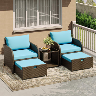 5-Piece Outdoor Rattan Sofa Set, All-Weather Wicker Patio Furniture with Tempered Glass Coffee Table, Lounge Chairs, Ottomans, Thick Cushions, Perfect for Garden, Backyard, Porch