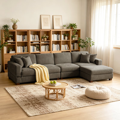 5 - Piece Upholstered Camel Chenille Modular Sectional Sofa with Throw Pillows & Removable Ottomans