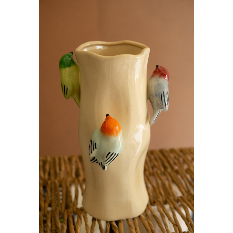  Vase en céramique avec oiseaux colorés - 12,5 "de haut fait à la main