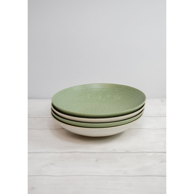 KitchenCraft Pasta Bowls in Gift Box, Lead-Free Glazed Stoneware - Embossed, Green/White