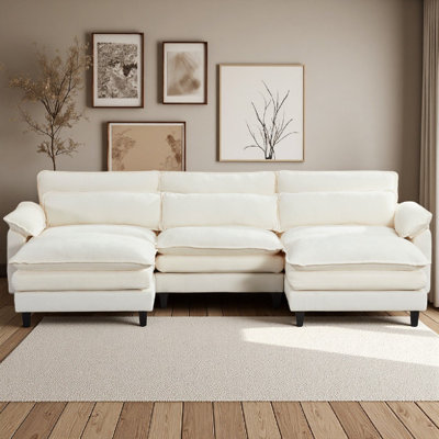 113 Inch 5 Seat Modular Cloud Chenille Sectional Sofa, U Shaped Couch with Movable Ottoman, Deep Seats, USB Charging Ports & Side Storage Pockets for Living Room