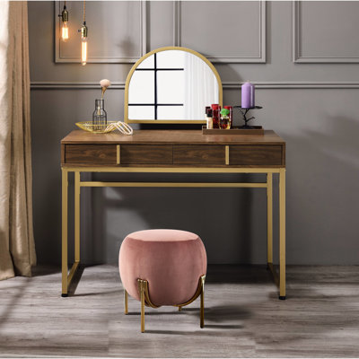 Bureau de meuble-lavabo rectangulaire avec finition or et noyer, structure en métal, plateau à bijoux en miroir, 2 tiroirs de rangement, plan à panneaux de particules, largeur et finition de 42 pouces incluses, tiroirs de rangement de plateau,