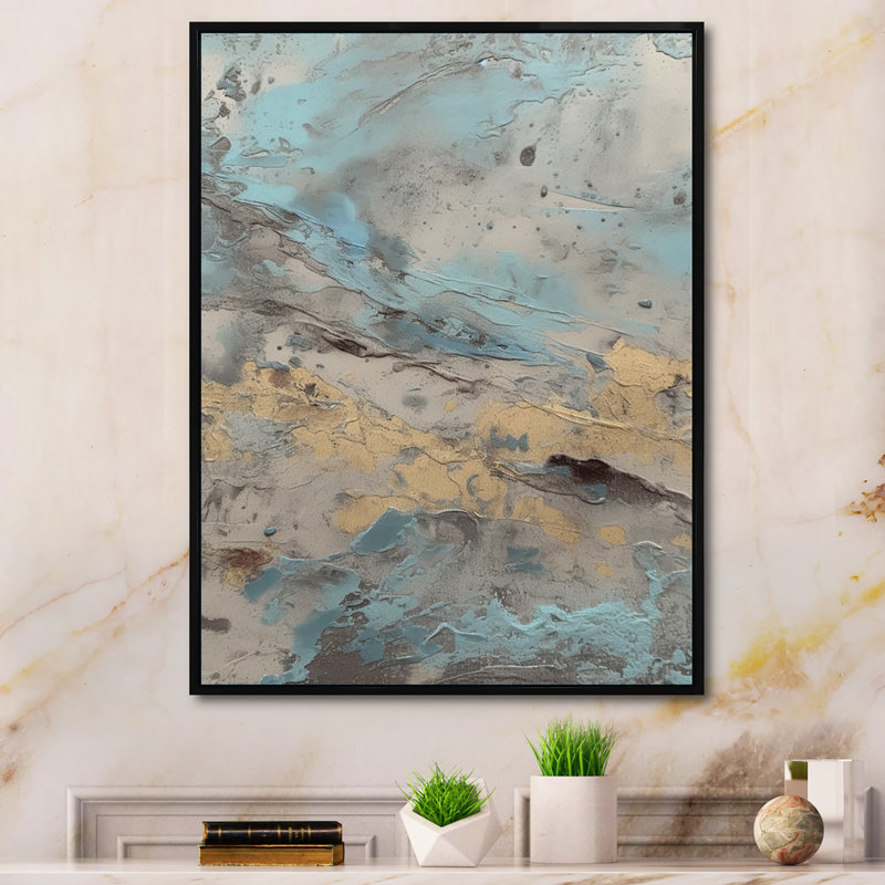 Beige bleu marbré art encadré II, reproduction d'art sur toile, H 20 po x l 12 po x P 1 po, Cadre flottant noir