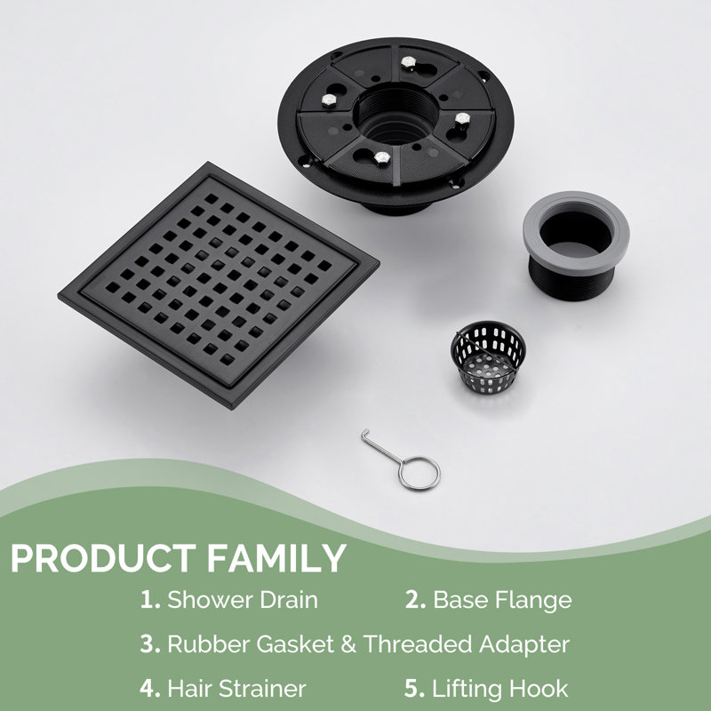 5.91'' Square Grid Shower Drain With Flange, Black