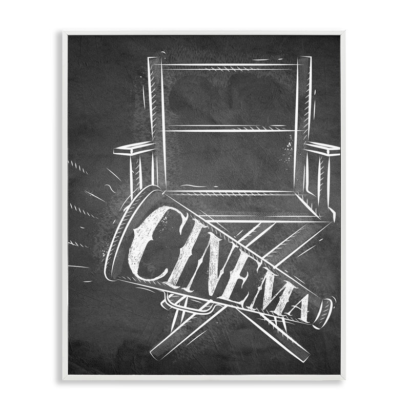 Cinéma et chaise de réalisateur encadrée, art par Kim Allen, H 30 po x l 24 po, Estampe numérique encadrée blanc bord de mer