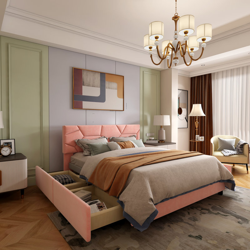 Lit plateforme avec rangement Buchman, Beige, Grand