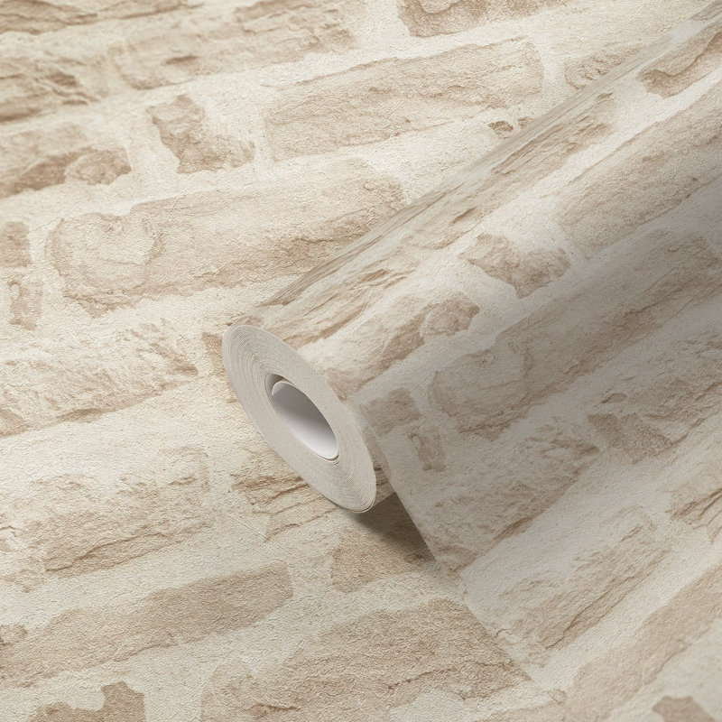 Bricks and More Collection Rocky Brick Motif Wallpaper Roll, Cream