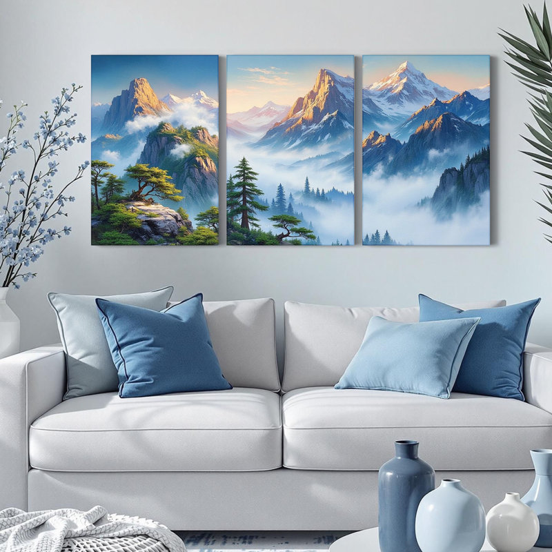 Paysage de montagne, reproduction d'art sur toile tendue sur toile (ensemble de 3), H 18 po x l 36 po