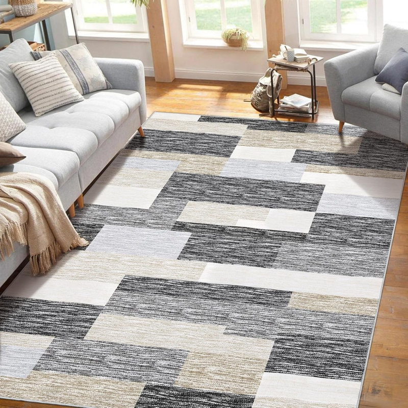 2x6 Modern Runner Rug, Geometric Patchwork, Non-Slip, Washable, Low Pile, Hallway, Foldable, Contemporary Carpet, Laundry, Gray, Camel.