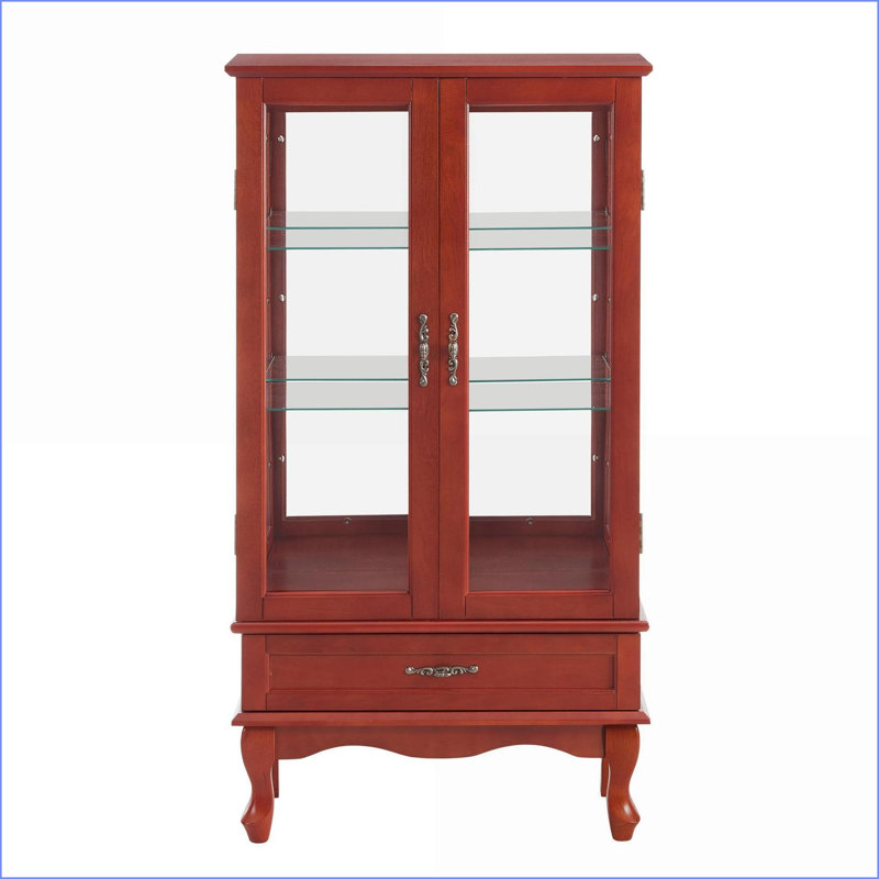 Cabinets, Cherry Finish Curio Display Cabinet with LED Lights, Adjustable Shelves, 2 Doors + Drawer | MDF+glass | Living Room