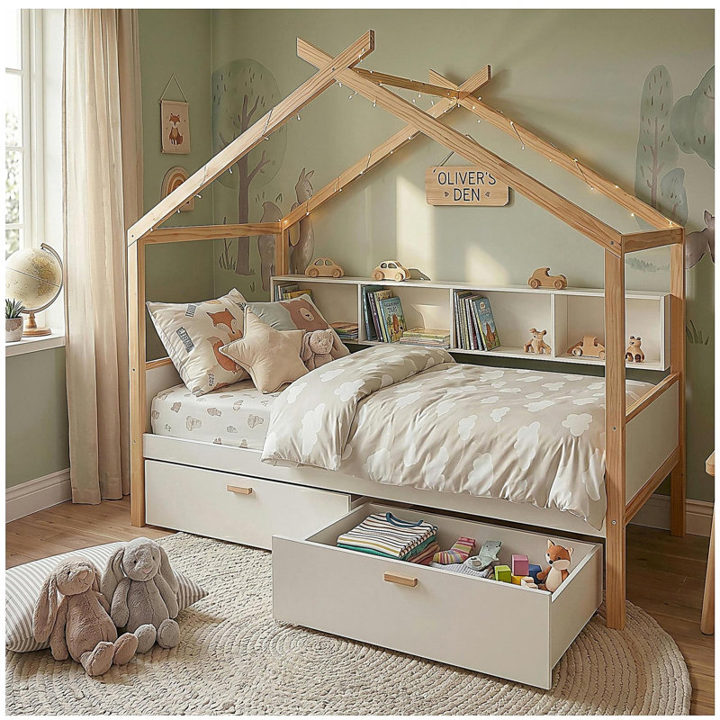 White Twin Size Wooden House Bed Original Wood Colored Frame with Two Drawers and Bookshelf Storage Space for Children or Guest Room