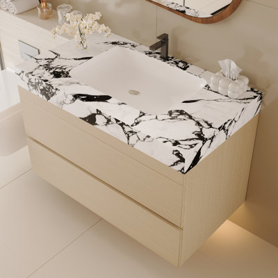 Meuble-lavabo flottant moderne 29,9 po avec comptoir en faux marbre et lavabo encastré en céramique, fixé au mur pour les petites salles de bain et les appartements
