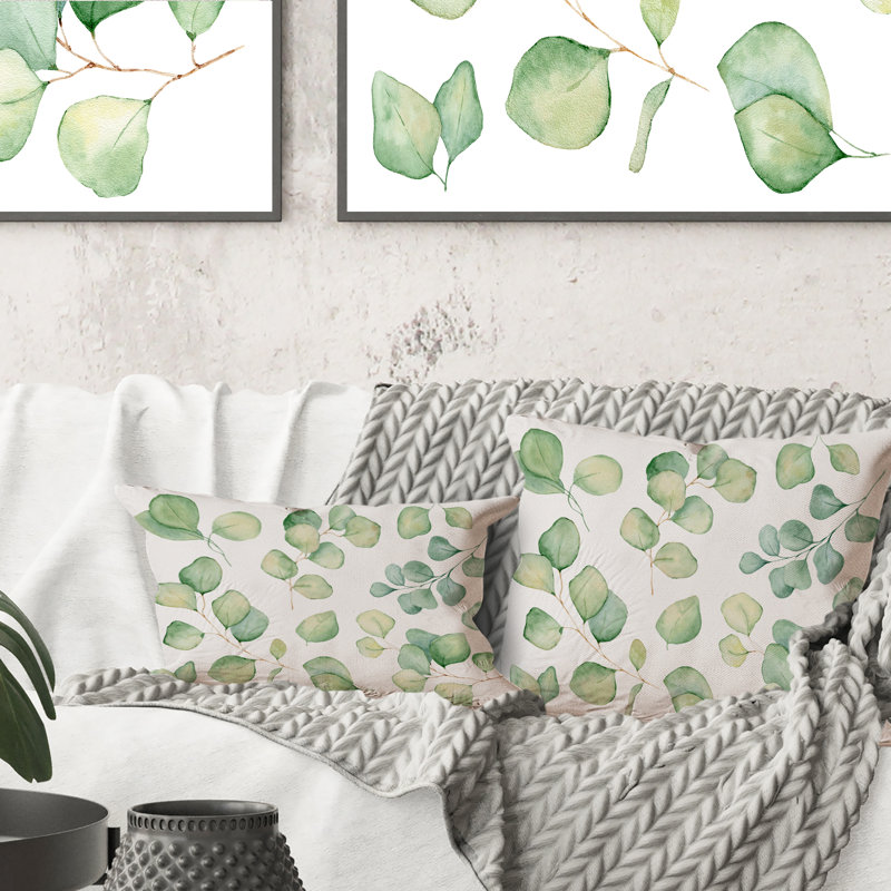 Illustration de feuilles d'eucalyptus isolé sur blanc I - Coussin décoratif traditionnel, 18 po x 18 po