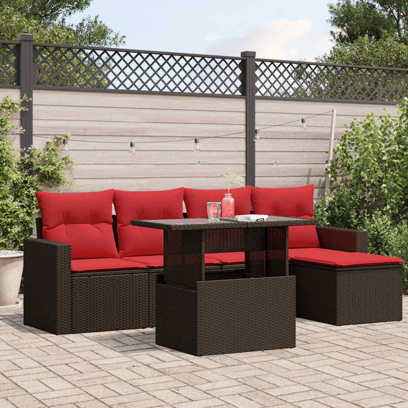 Ensemble de canapé de patio 6 pièces avec coussins en rotin de polyester, Rouge, Brun